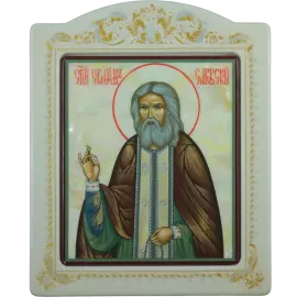 Икона на натуральном перламутре "Серафим Саровский" с сусальным золотом